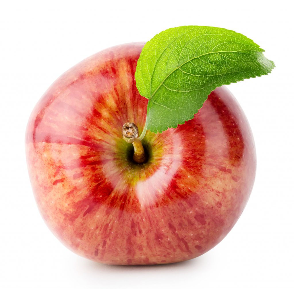 42116240 - shot from above red apple with green leaf isolated on white background